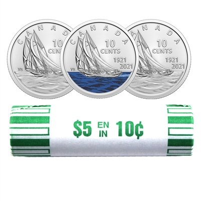 2021 Canada 10-cent Some Coloured 100th Ann. Commemorative Bluenose Original Roll of 50pcs