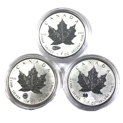 3x 2016 Canada $5 Clover, Tank & Yin Yang 1oz Silver Maple, 3Pcs (No Tax) Lightly Toned