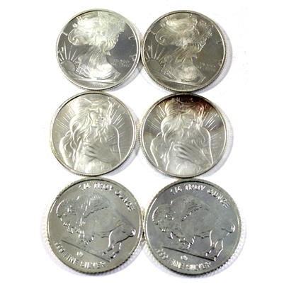 Lot of 6x 1/4oz Fine Silver Rounds, 3 Designs, 1.5oz Total, 6Pcs (No Tax) Toned