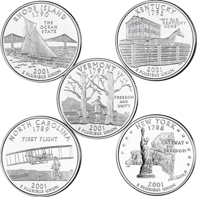 2001 USA Statehood Quarter 10-coin Set - Both P&D Mint Singles