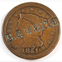 1851 USA Cent Fine (F-12) B.G. White Counterstamped $