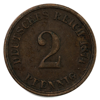 German Empire 1874G 2 Pfennig EF-AU (EF-45) $