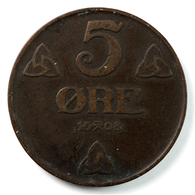 Norway 1908 5 Ore VF-EF (VF-30) $