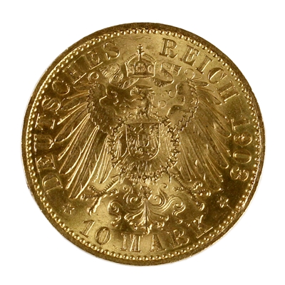 German Empire 1903A Prussia Gold 10 Marks UNC+ (MS-62)