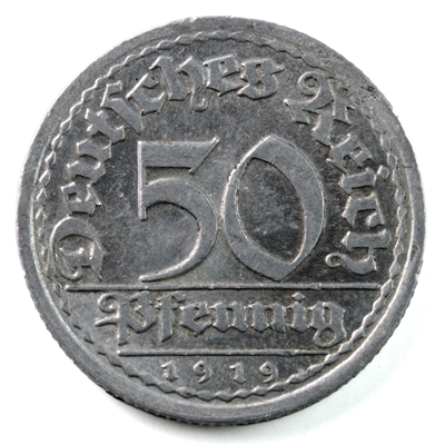 German Weimar Republic 1919J 50 Pfennig Almost Uncirculated (AU-50) $