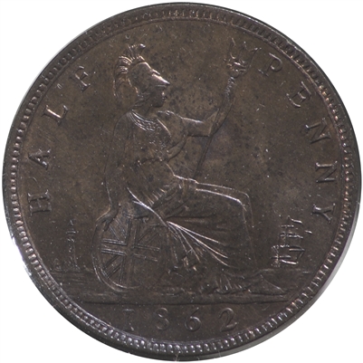 Great Britain 1862 1/2 Penny Brilliant Uncirculated (MS-63) Lustrous R & B $