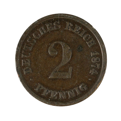 German Empire 1874D 2 Pfennig Very Fine (VF-20)