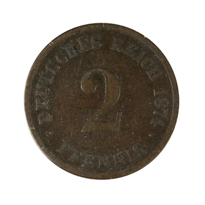 German Empire 1874E 2 Pfennig Extra Fine (EF-40)