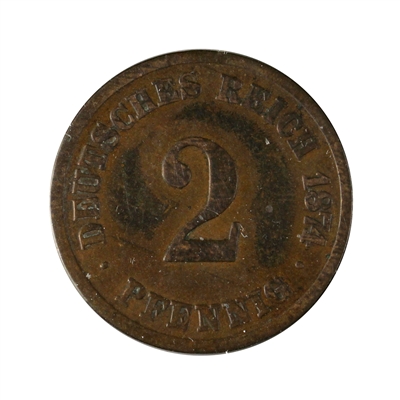 German Empire 1874H 2 Pfennig Fine (F-12)