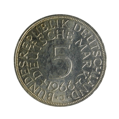 German Federal Republic 1966J 5 Marks Almost Uncirculated (AU-50)