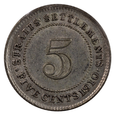 Straits Settlements 1910B 5 Cents Extra Fine (EF-40)