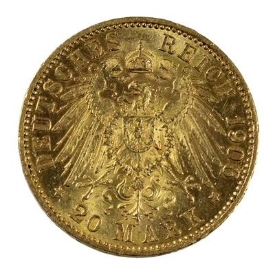 German Empire 1906A Prussia Gold 20 Marks AU-UNC (AU-55)