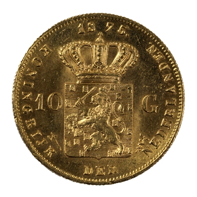 Netherlands 1875 Gold 10 Gulden Brilliant Uncirculated (MS-63)
