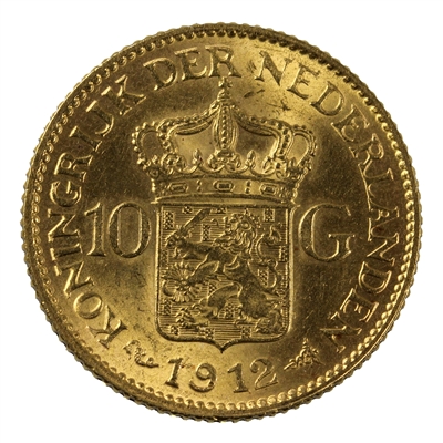 Netherlands 1912 Gold 10 Gulden Brilliant Uncirculated (MS-63)