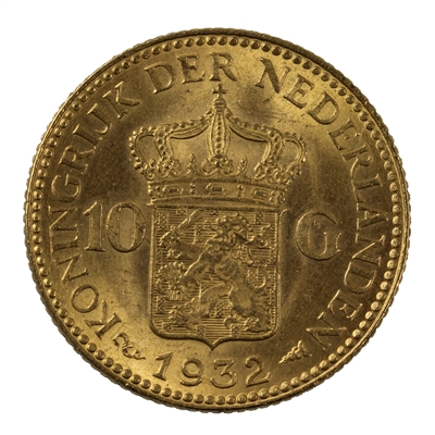 Netherlands 1932 Gold 10 Gulden Choice Brilliant Uncirculated (MS-64)