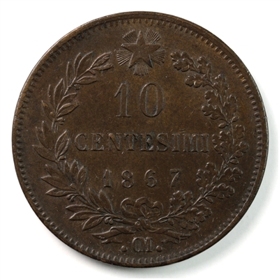 Italy 1867OM 10 Centesimi AU-UNC (AU-55) $