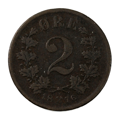 Norway 1876 2 Ore Extra Fine (EF-40)