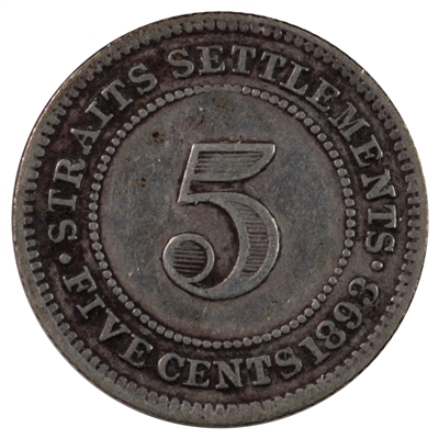 Straits Settlements 1893 5 Cents F-VF (F-15)