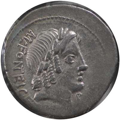 Ancient Roman Republic 85BC Head of Apollo MN. Fonteius CF. Silver Denarius VF-EF (VF-30) $