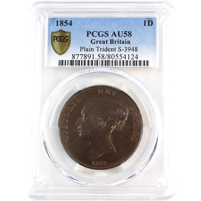 Great Britain 1854 Plain Trident Penny PCGS Certified AU58