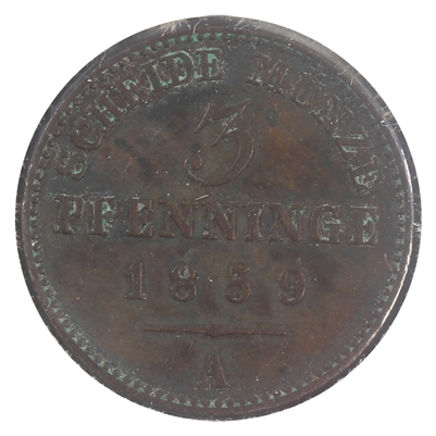 German States 1859 Prussia 3 Pfennig Almost Uncirculated (AU-50)