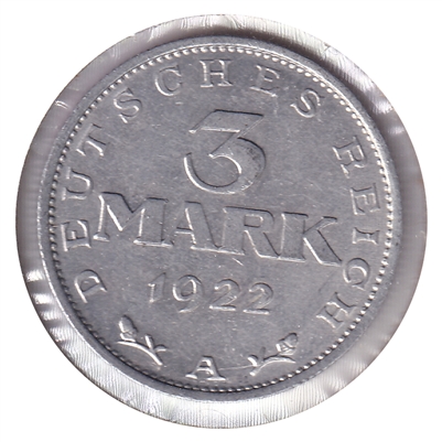 German Weimar Republic 1922A 3 Marks Uncirculated (MS-60)