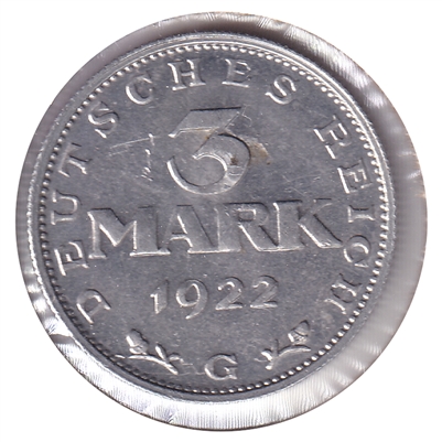 German Weimar Republic 1922G 3 Marks Almost Uncirculated (AU-50)