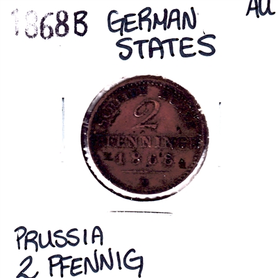 German States 1868B Prussia 2 Pfennig Almost Uncirculated (AU-50)