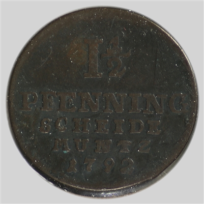 German States 1792C Brunswick 1 1/2 Pfennig Very Fine (VF-20)