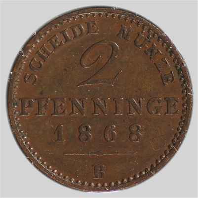 German States 1868B Prussia 2 Pfennig Uncirculated (MS-60)