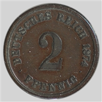 German Empire 1874A 2 Pfennig Extra Fine (EF-40)