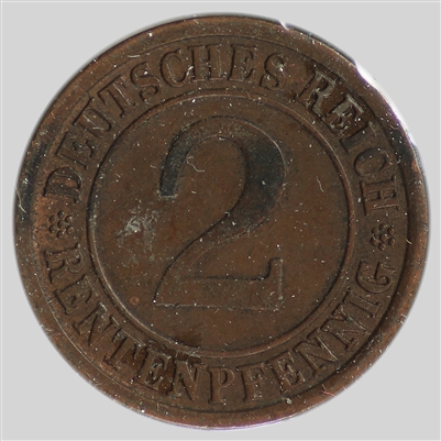 German Weimar Republic 1924J 2 Pfennig Almost Uncirculated (AU-50)