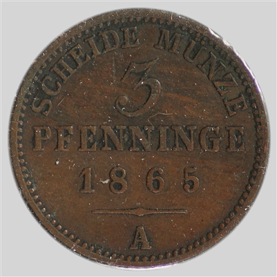 German States 1865A Prussia 3 Pfennig Almost Uncirculated (AU-50)