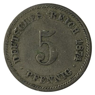 German Empire 1874A 5 Pfennig Extra Fine (EF-40)