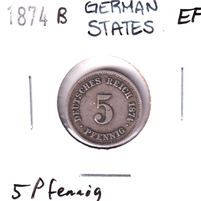 German Empire 1874B 5 Pfennig Extra Fine (EF-40)