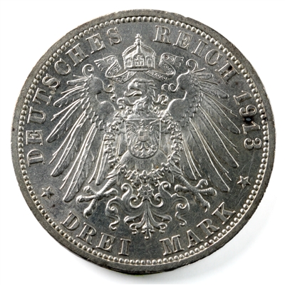 German Empire 1913A Prussia, Wilhelm II 3 Marks Uncirculated (MS-60) $