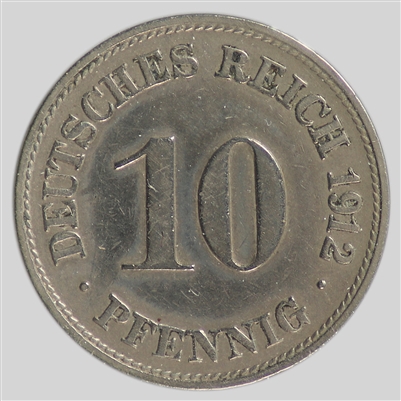 German Empire 1912D 10 Pfennig Almost Uncirculated (AU-50)