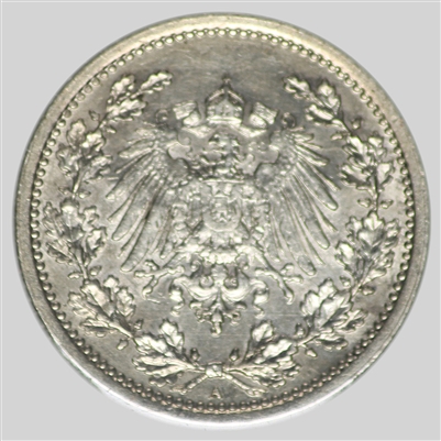 German Empire 1905A 1/2 Mark Almost Uncirculated (AU-50)