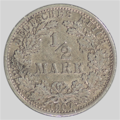 German Empire 1907A 1/2 Mark Almost Uncirculated (AU-50)