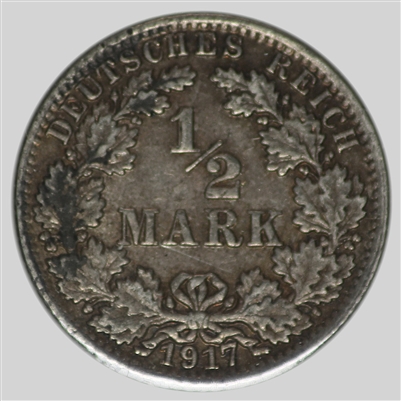 German Empire 1917A 1/2 Mark Almost Uncirculated (AU-50)