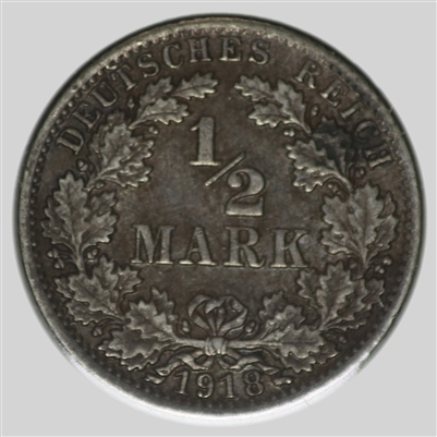 German Empire 1918A 1/2 Mark Almost Uncirculated (AU-50)