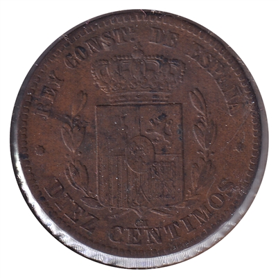 Spain 1878OM 10 Centimos VF-EF (VF-30)