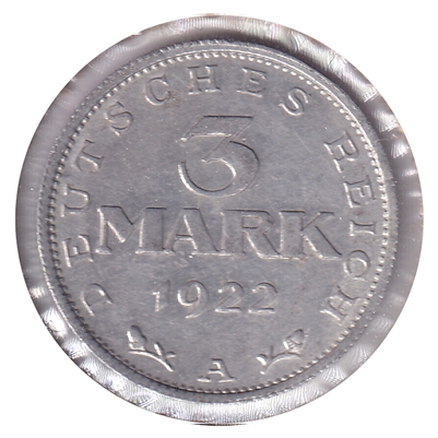 German Weimar Republic 1922A 3 Marks Extra Fine (EF-40)