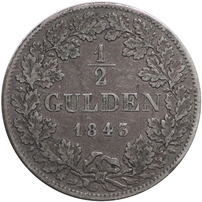 German States 1843 Baden 1/2 Gulden VF-EF (VF-30)