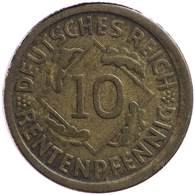 German Weimar Republic 1924J 10 Pfennig Very Fine (VF-20)