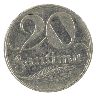 Latvia 1922 20 Santimu Almost Uncirculated (AU-50)