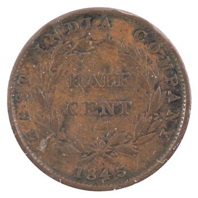 East India Company 1845 1/2 Cent VG-F (VG-10)