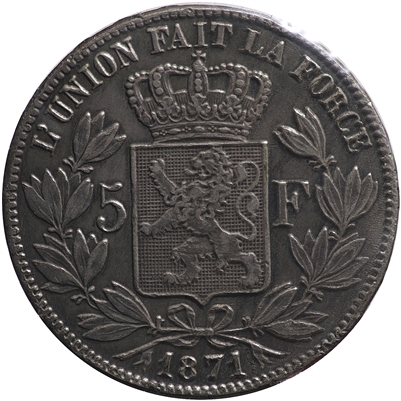 Belgium 1871 5 Francs Extra Fine (EF-40) $