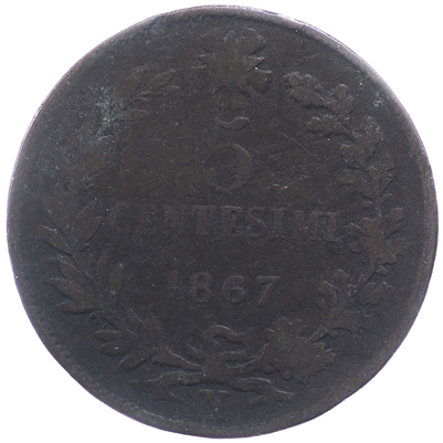 Italy 1867N 5 Cent Very Fine (VF-20)