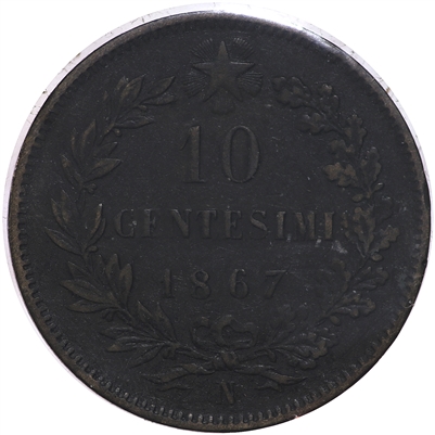 Italy 1867N 10 Cent Almost Uncirculated (AU-50) $